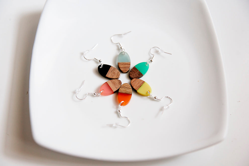 handcrafted earrings wood and resin petite oval shape with hypoallergenic hooks; multiple colors