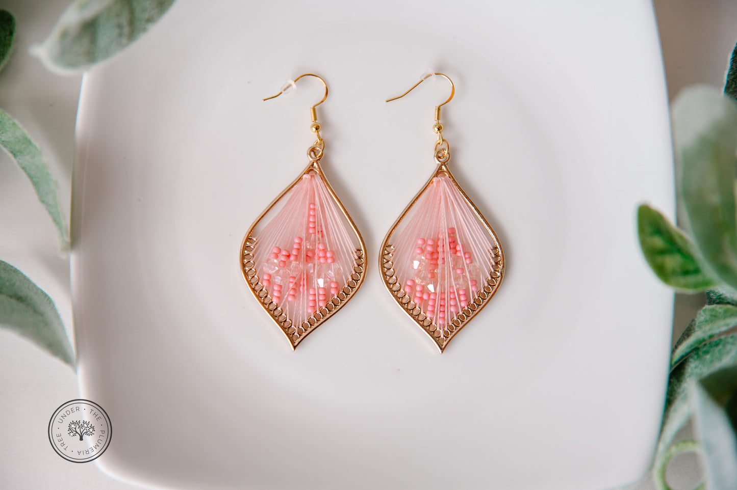 Gold Leaf with Thread + Beads Teardrop Dangle Earrings
