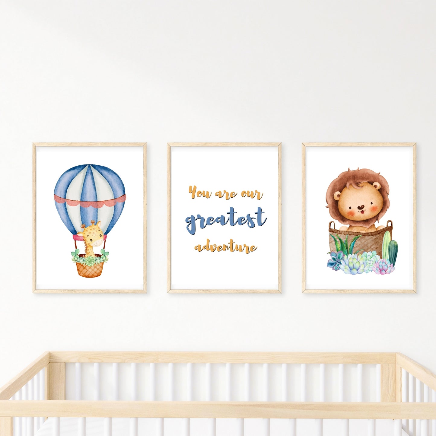 You Are Our Greatest Adventure with Hot Air Balloon Giraffe and Lion in Basket with Succulents
