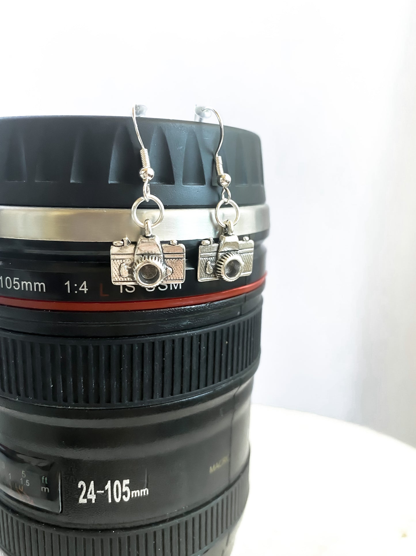 Silver Camera Dangle Earrings
