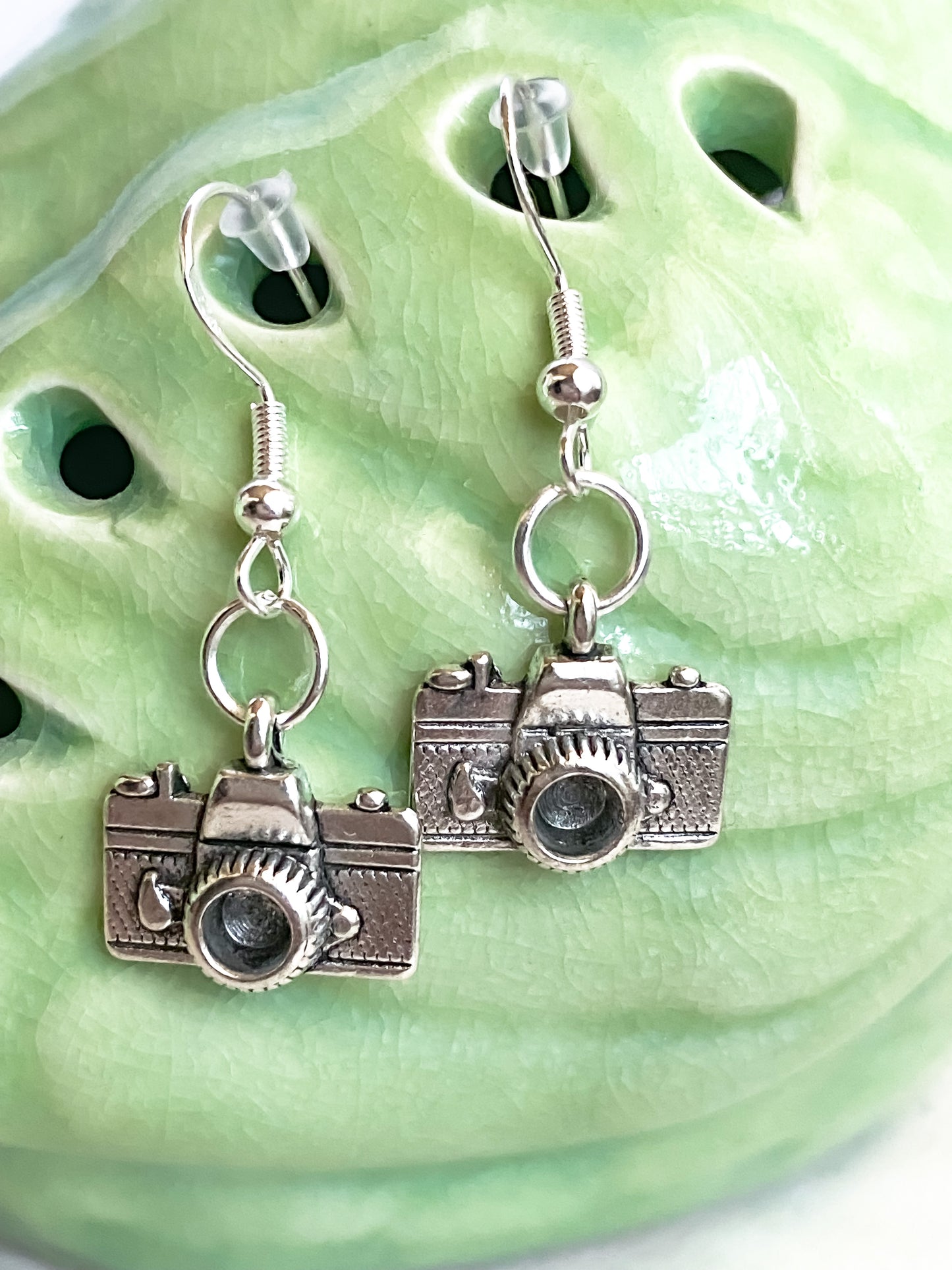 Silver Camera Dangle Earrings