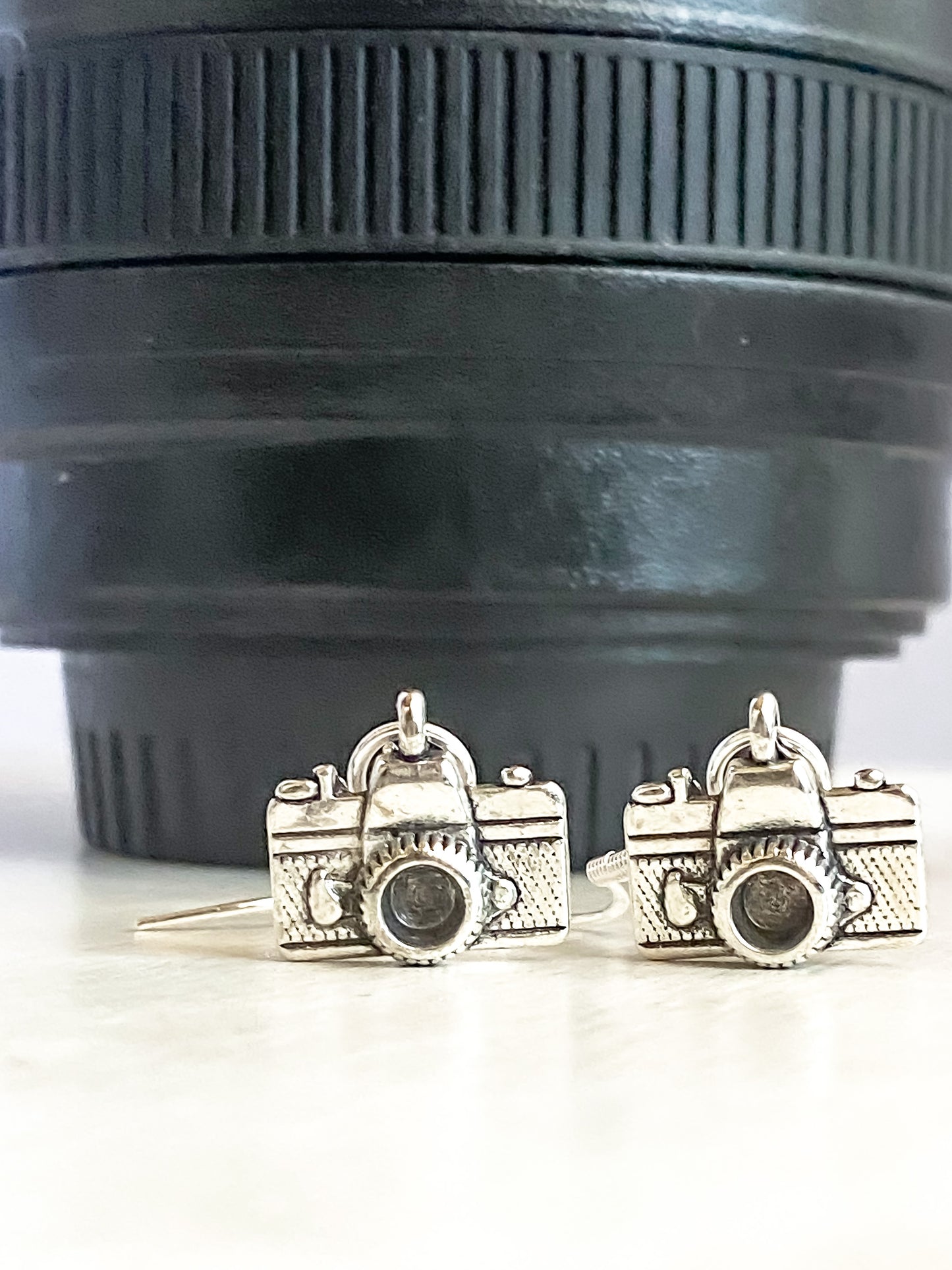 Silver Camera Dangle Earrings