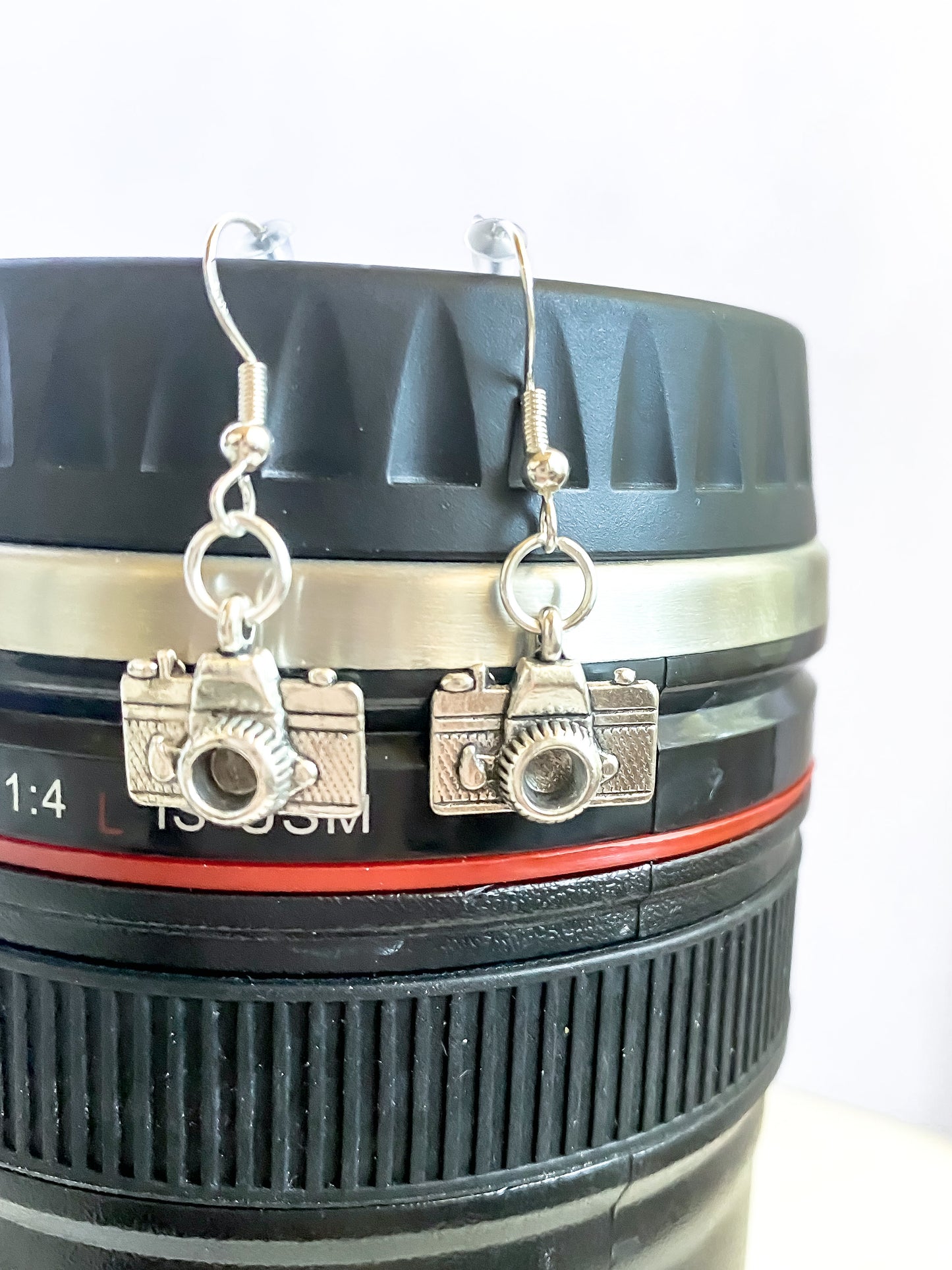 Silver Camera Dangle Earrings