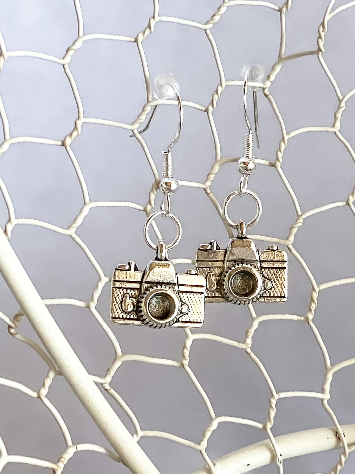 Silver Camera Dangle Earrings
