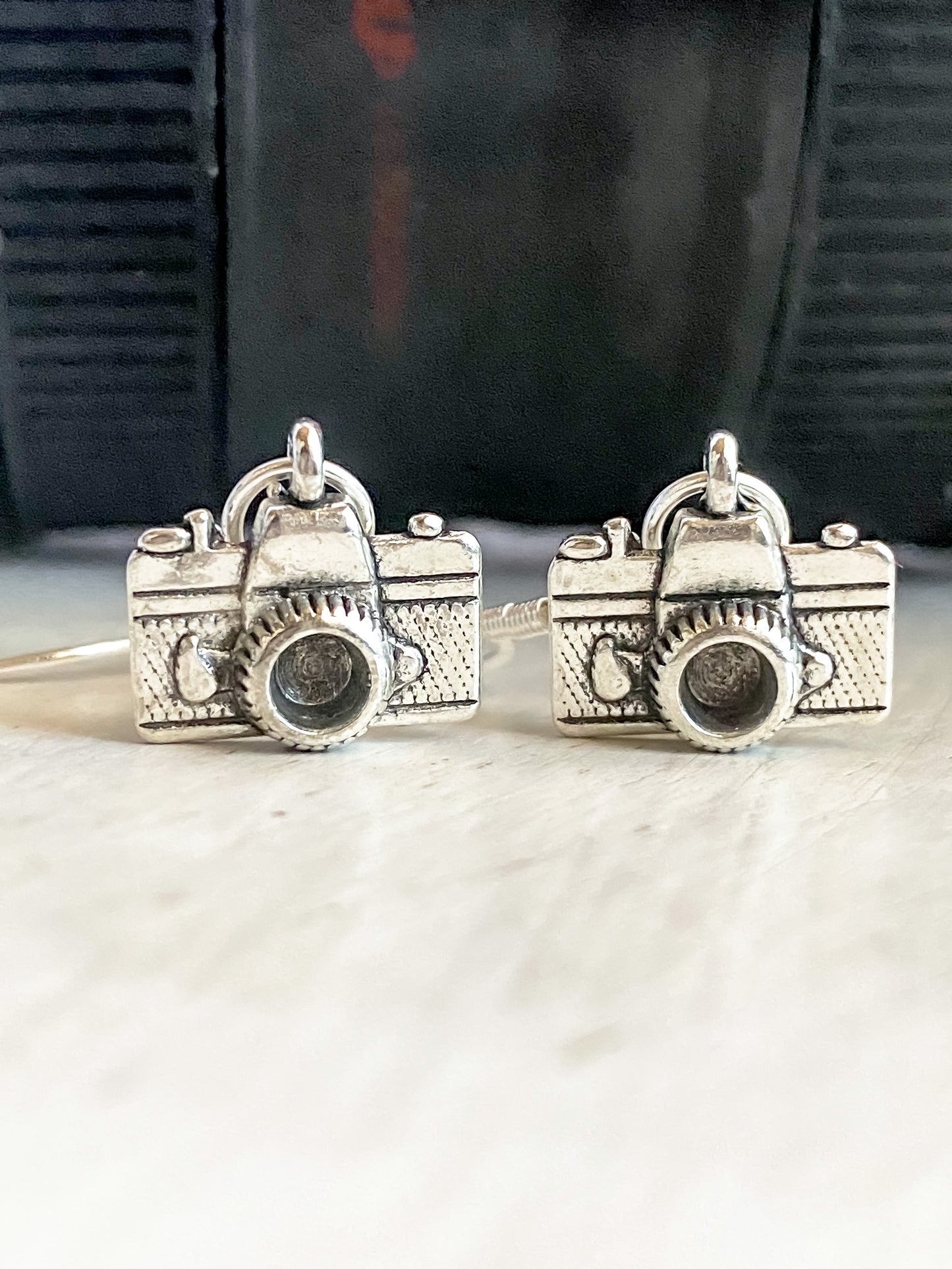 Silver Camera Dangle Earrings