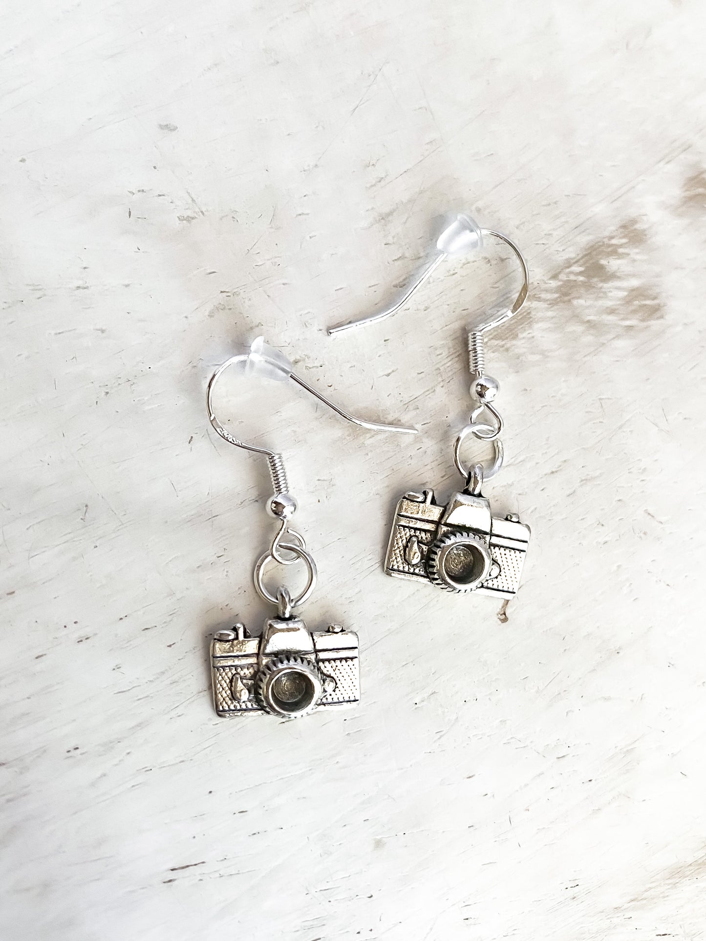 Silver Camera Dangle Earrings