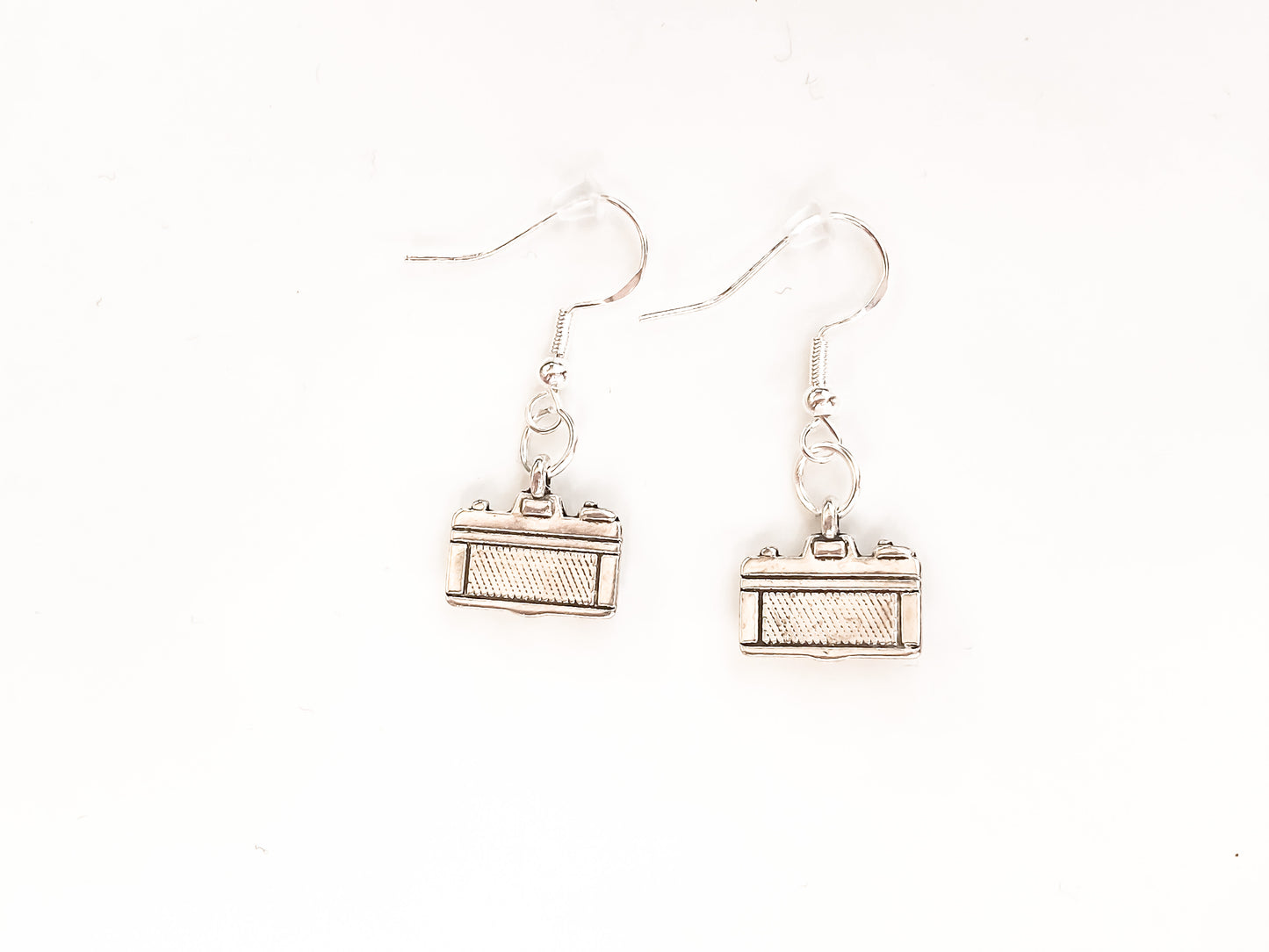 Silver Camera Dangle Earrings