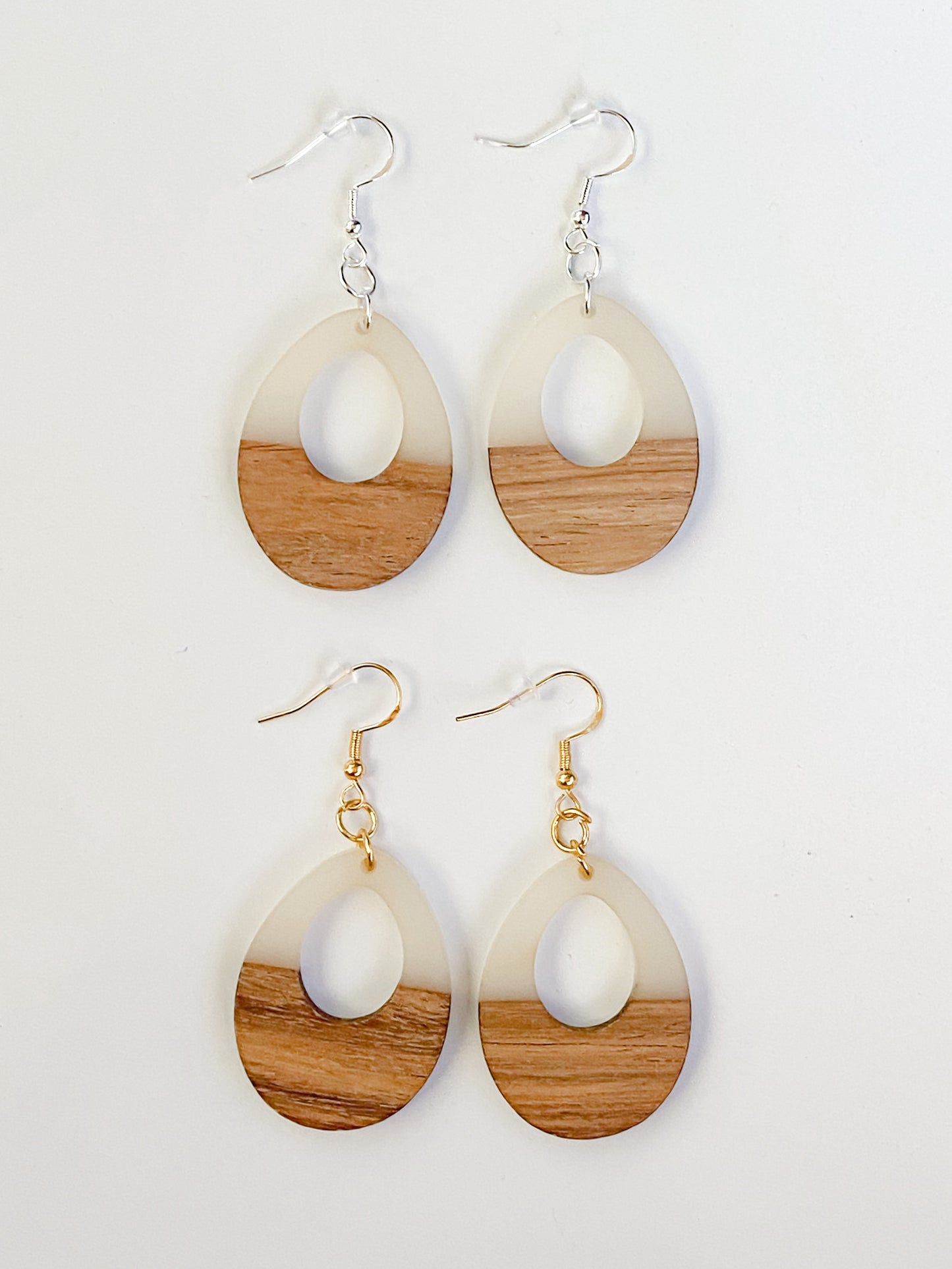 Cream Resin and Natural Wood Teardrop Dangle Earrings