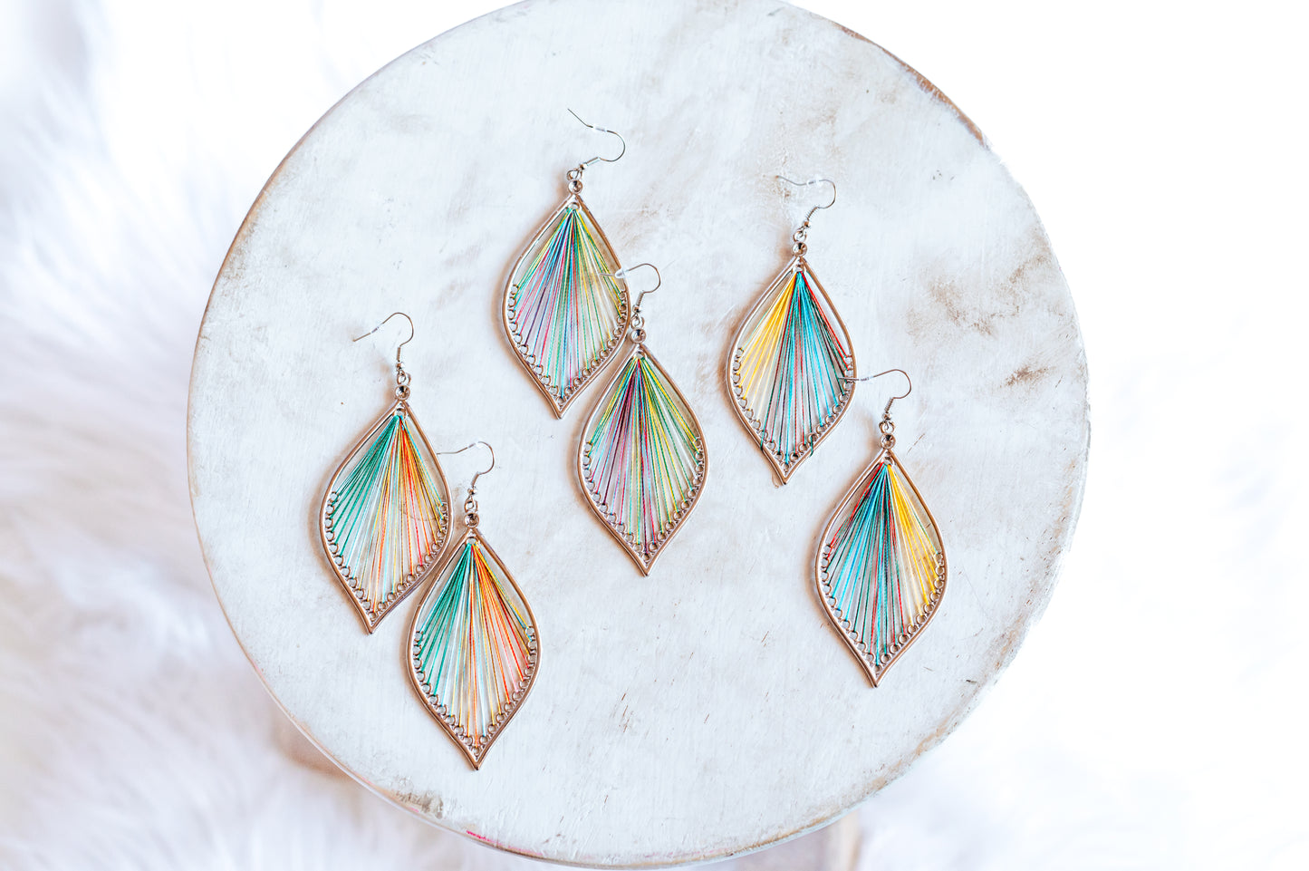 Large Silver Teardrop Multicolor Thread Earrings