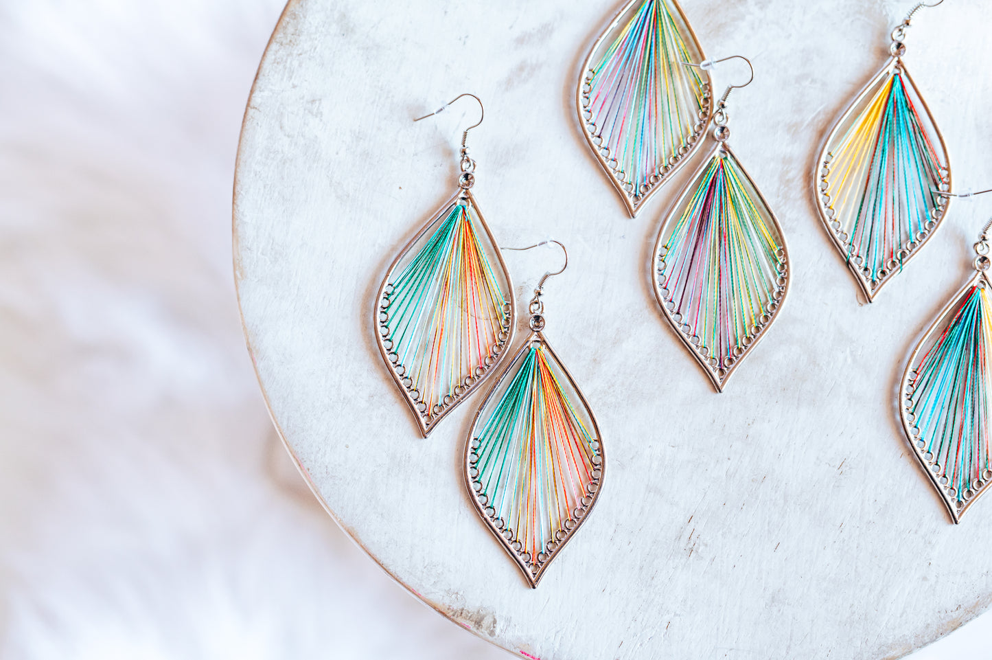 Large Silver Teardrop Multicolor Thread Earrings