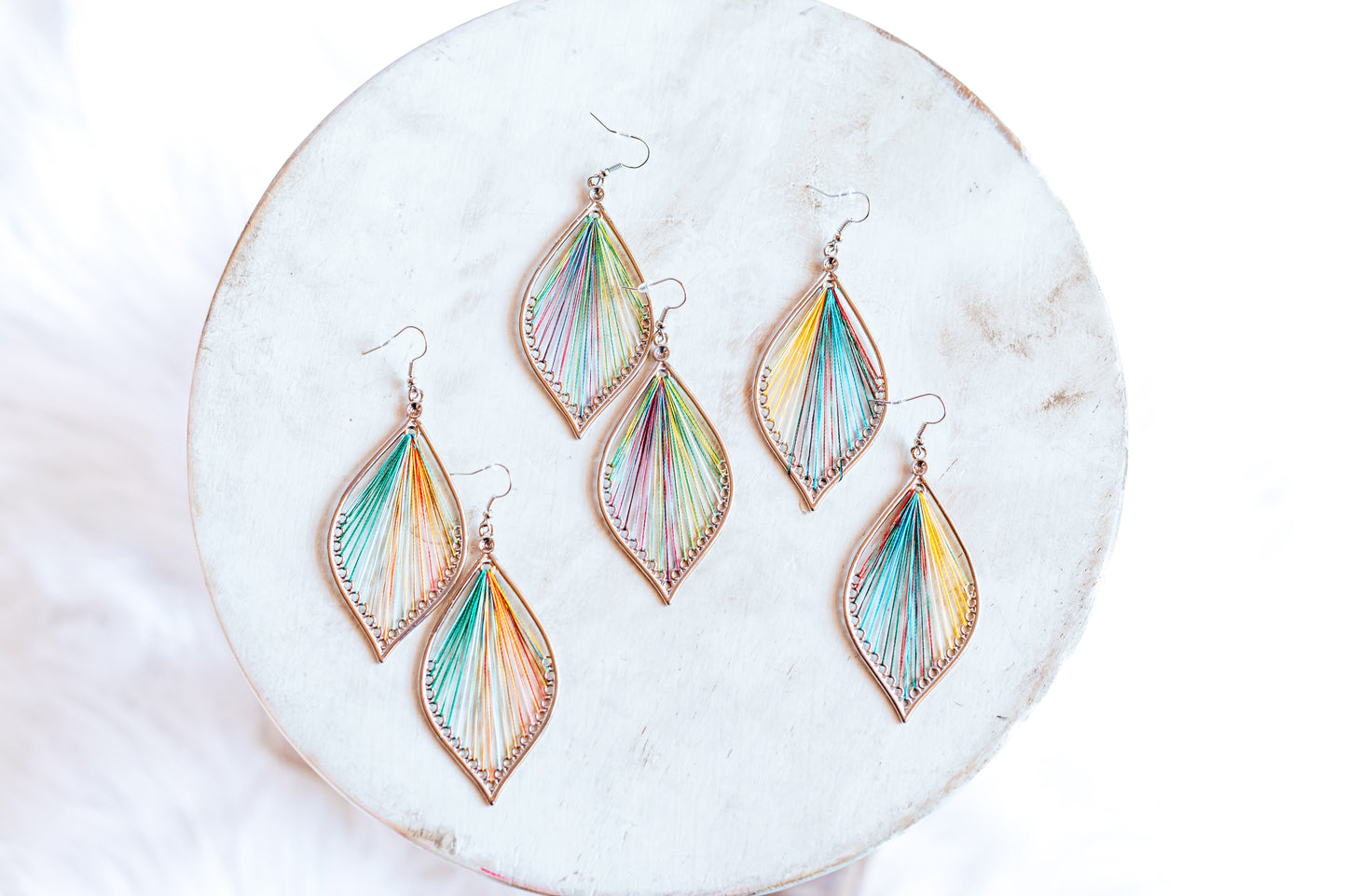 Large Silver Teardrop Multicolor Thread Earrings