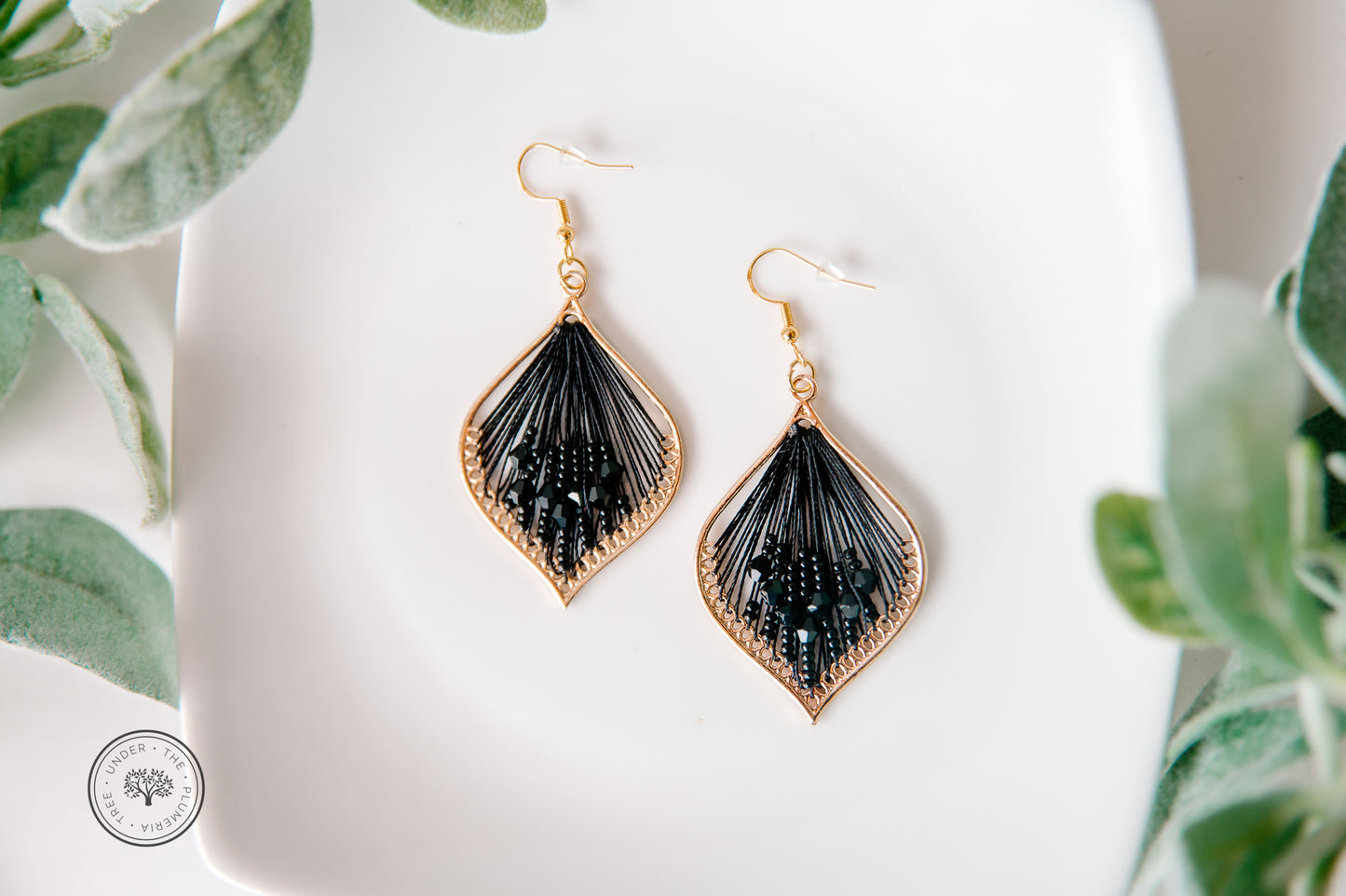 Gold Leaf with Thread + Beads Teardrop Dangle Earrings