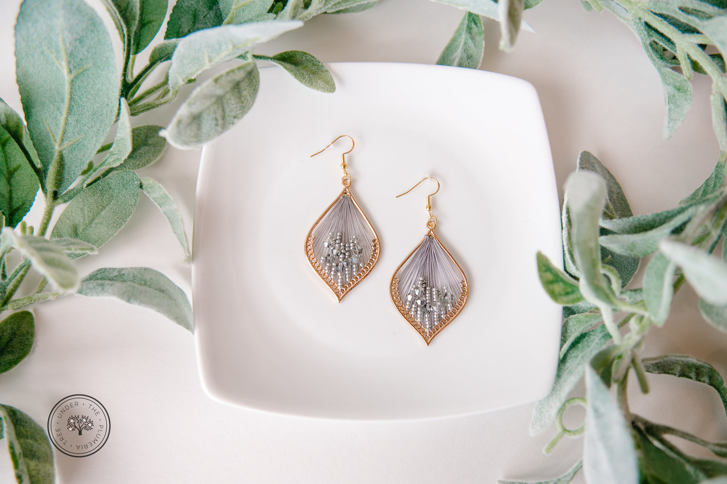 Gold Leaf with Thread + Beads Teardrop Dangle Earrings