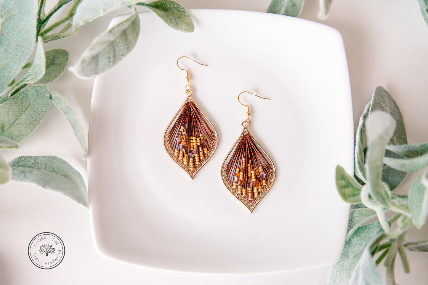 Gold Leaf with Thread + Beads Teardrop Dangle Earrings