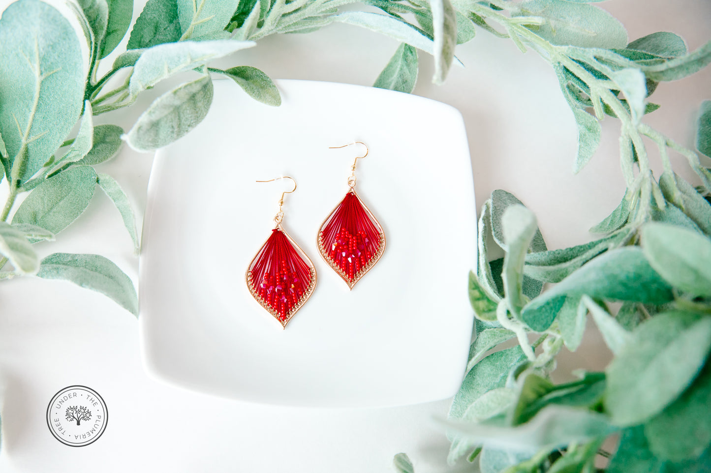 Gold Leaf with Thread + Beads Teardrop Dangle Earrings