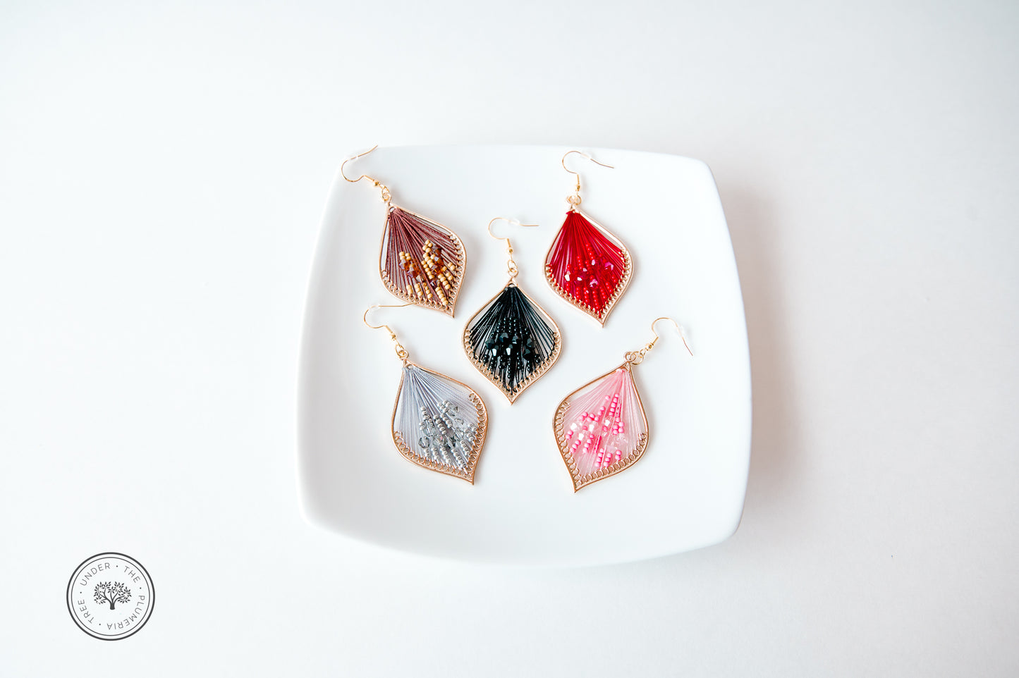 Gold Leaf with Thread + Beads Teardrop Dangle Earrings