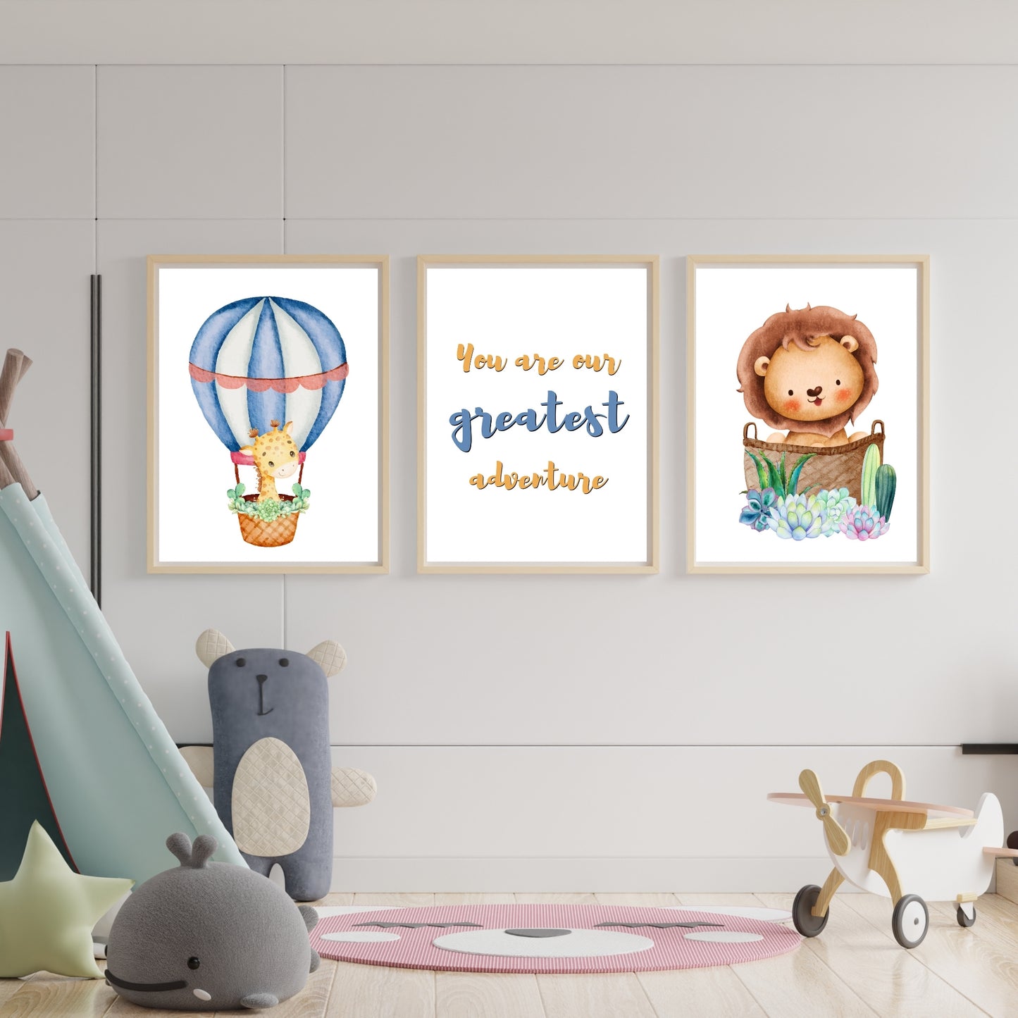 You Are Our Greatest Adventure with Hot Air Balloon Giraffe and Lion in Basket with Succulents