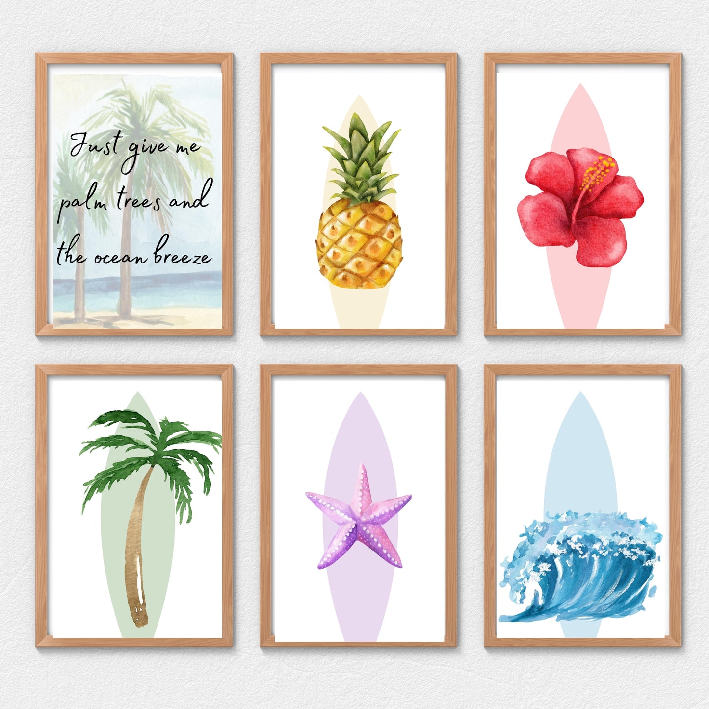 Tropical Prints - Set of 7 Tropical, Beach, Palm, Wave, Hibiscus, Pineapple, Starfish, Paradise Flower