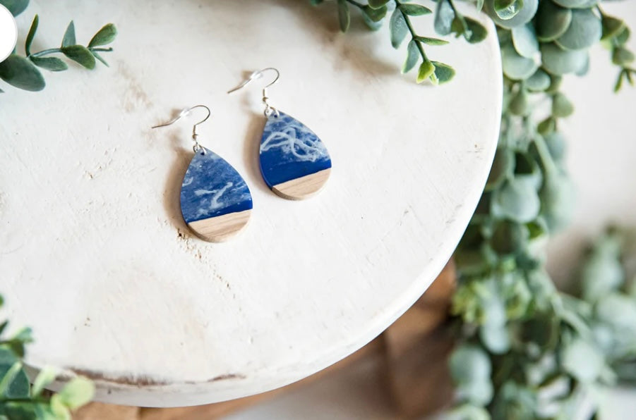 Sea and Sky Resin and Wood Teardrop Earrings with Silver Hypoallergenic Hooks